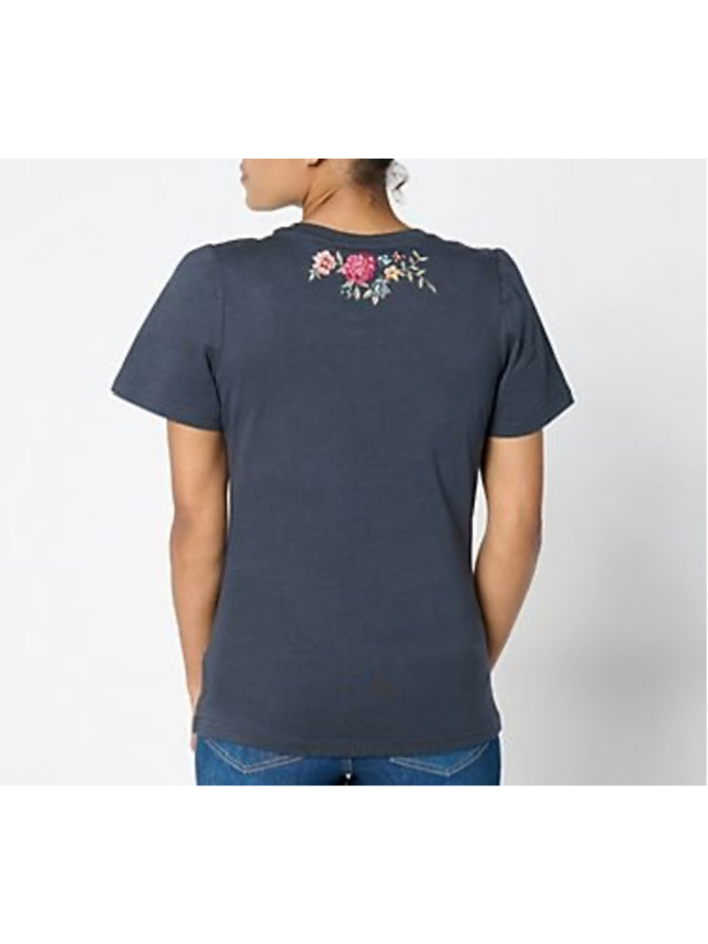 Women's DRIFTWOOD Gray Short Sleeve Tee with Floral Embroidery M excellent con